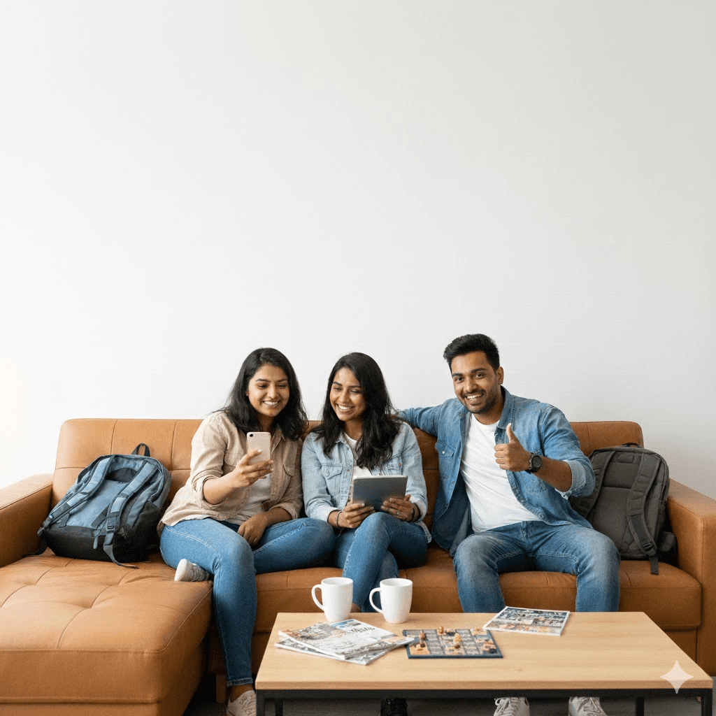 Modern premium student hostel common area interior